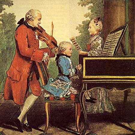 Mozart che suona il pianoforte accompagnato dal padre e dalla sorella